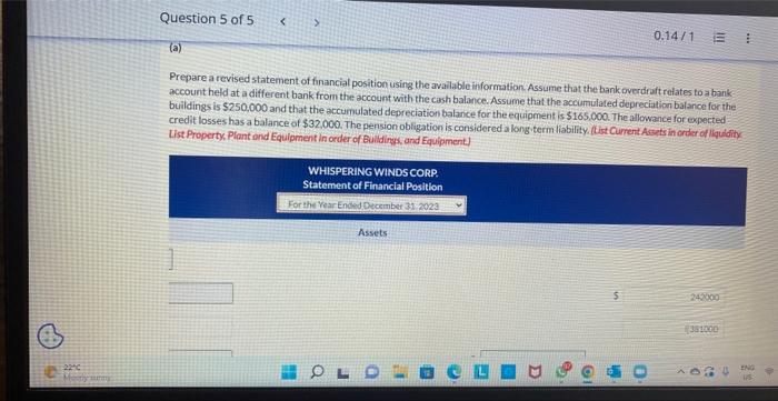 expansion: Whispering Winds Corp. Statement of Financial Position For the Year Ended