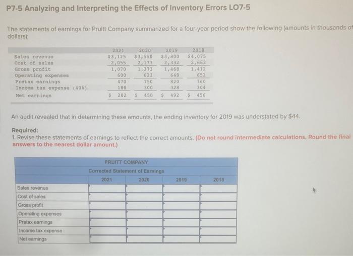 P7-5 Analyzing and Interpreting the Effects of Inventory Errors LO7-5 The