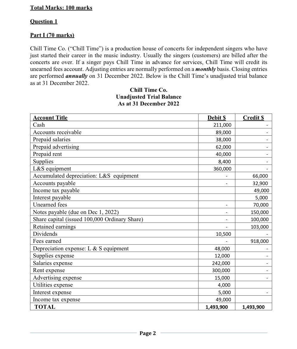  Total Marks: 100 marks Question 1 Part I (70 marks) Chill