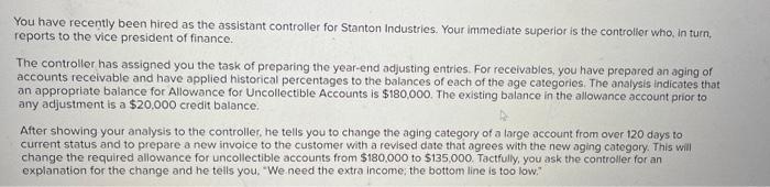  You have recently been hired as the assistant controller for Stanton