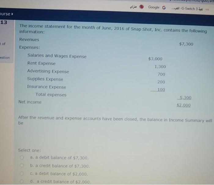 ourse 13 Google G 3 Switch-6- ... The income statement for