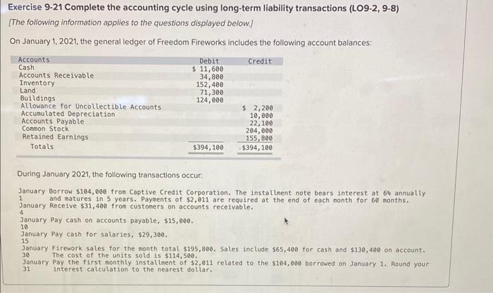 Exercise 9-21 Complete the accounting cycle using long-term liability transactions (LO9-2,