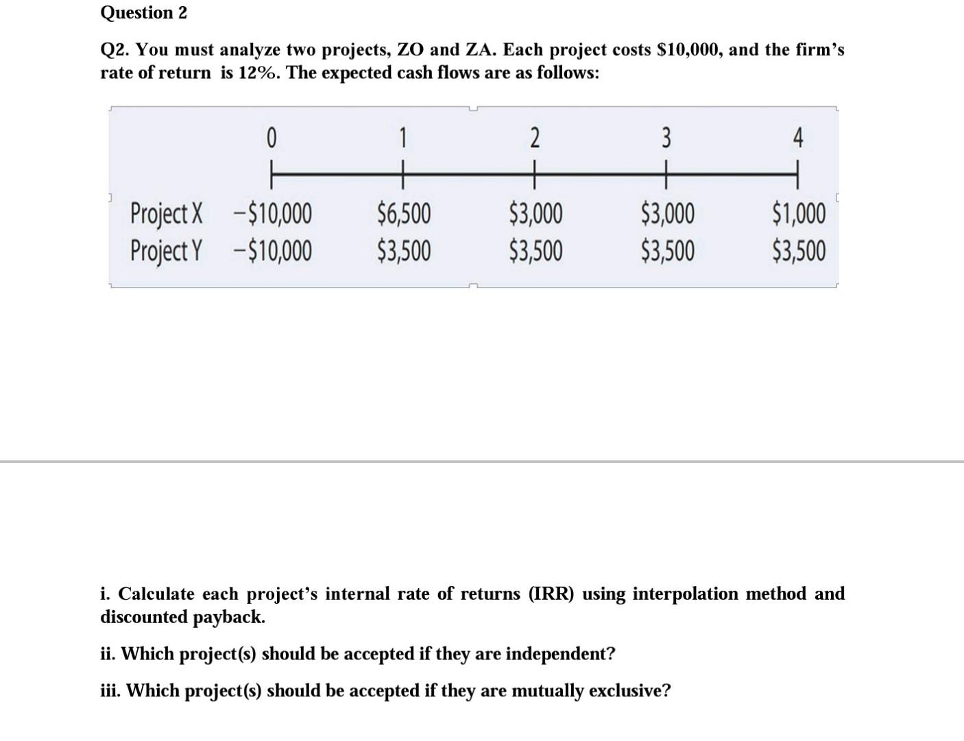  2 Q2. You must analyze two projects, ZO and ZA. Each