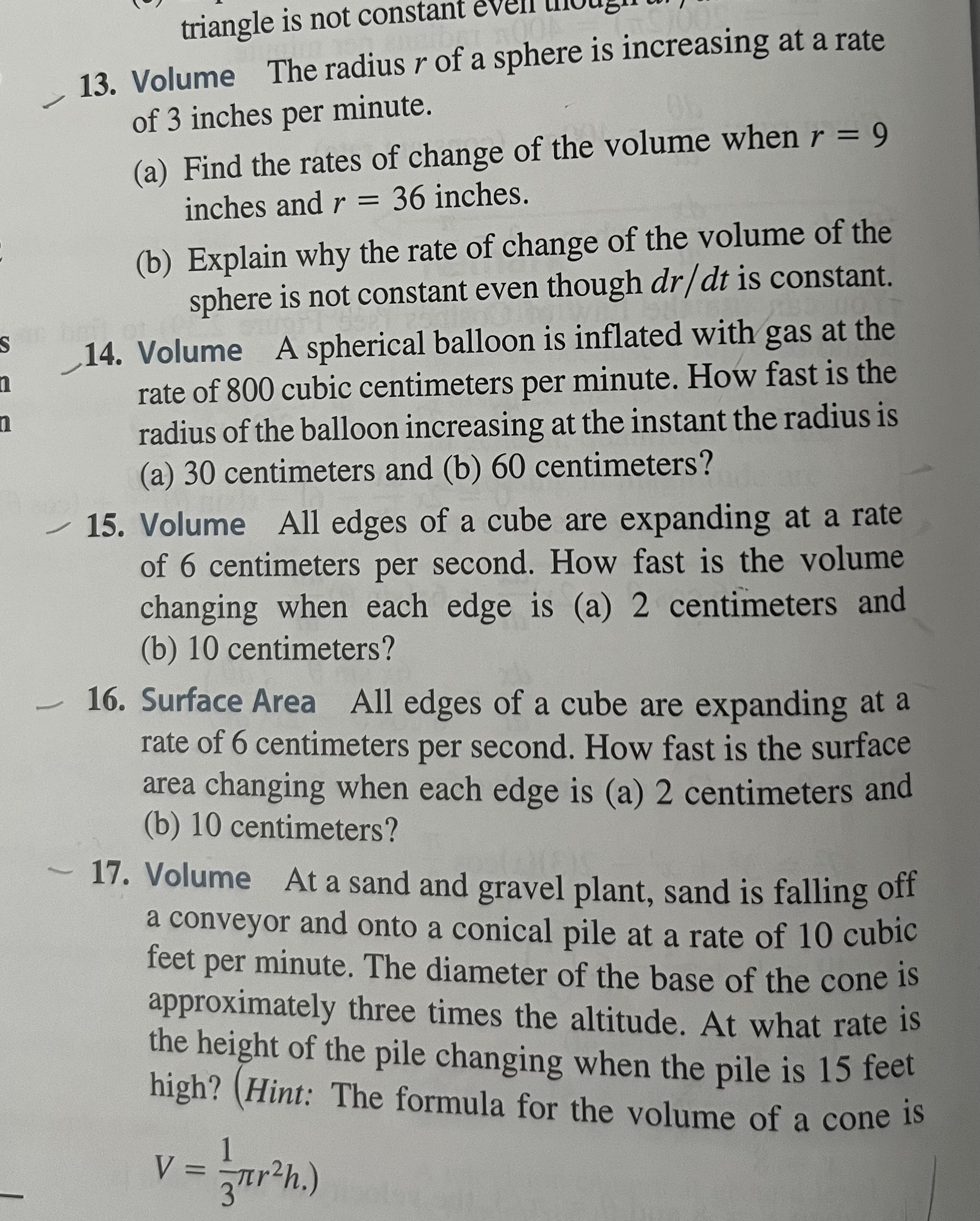 of a sphere is increasing at a rate of 3 inches per