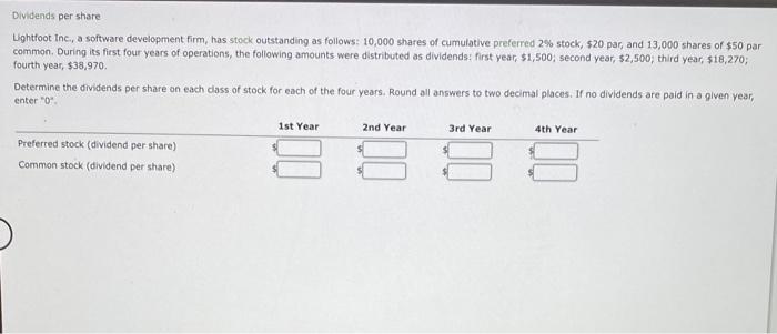  Dividends per share Lightfoot Inc., a software development firm, has stock