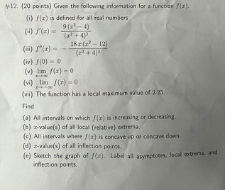 #12. (20 points) Given the following information for a function /(r).