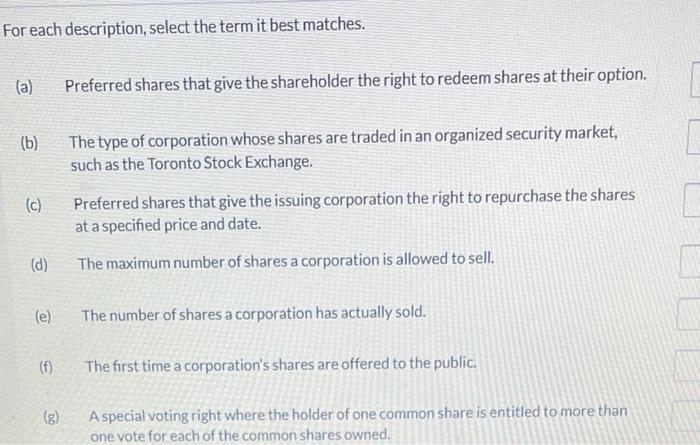 For each description, select the term it best matches. (a) Preferred