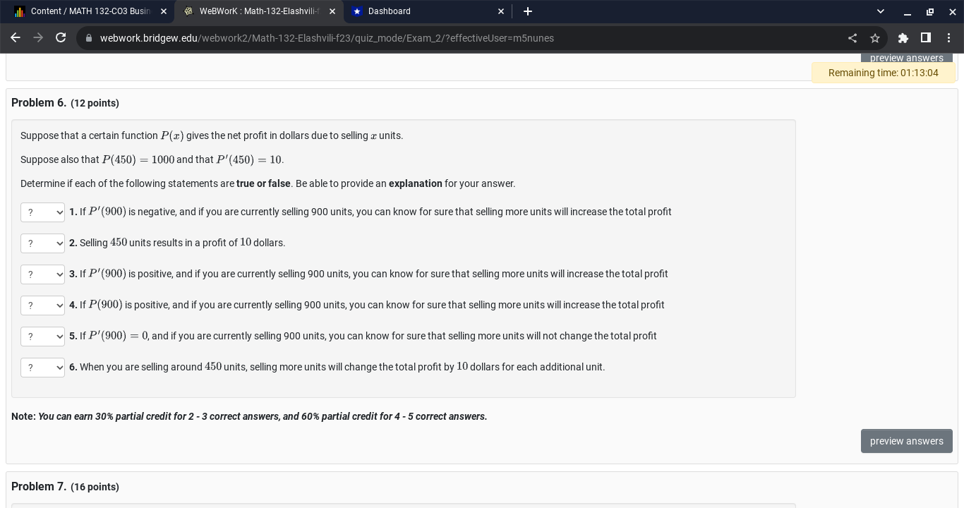  Content / MATH 132-CO3 Busin x WeBWork : Math-132-Elashvili-f > *Dashboard