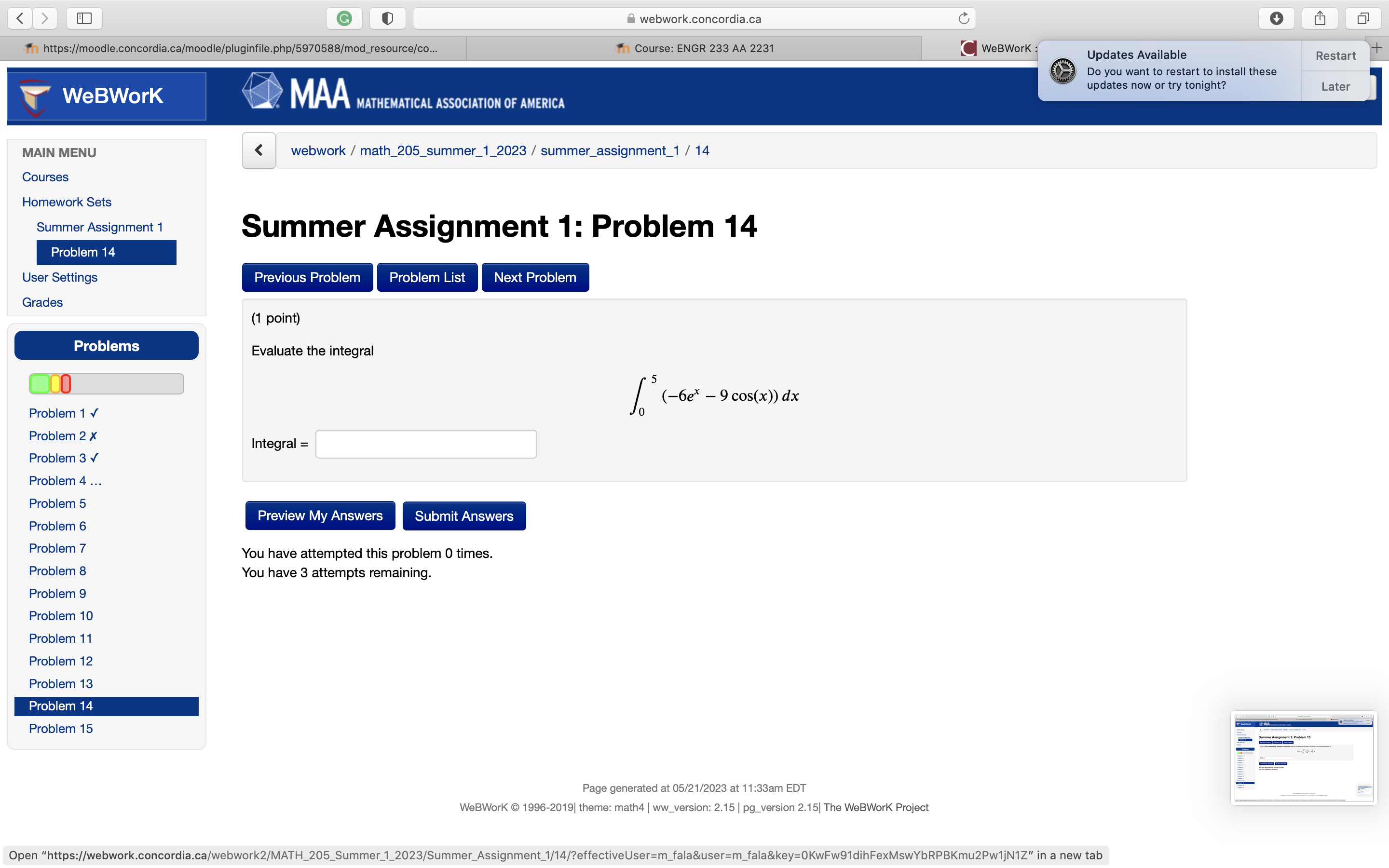 2231 WeBWork : Updates Available Restart Do you want to restart to