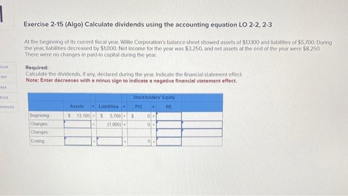  1 Book lint Ask Exercise 2-15 (Algo) Calculate dividends using the