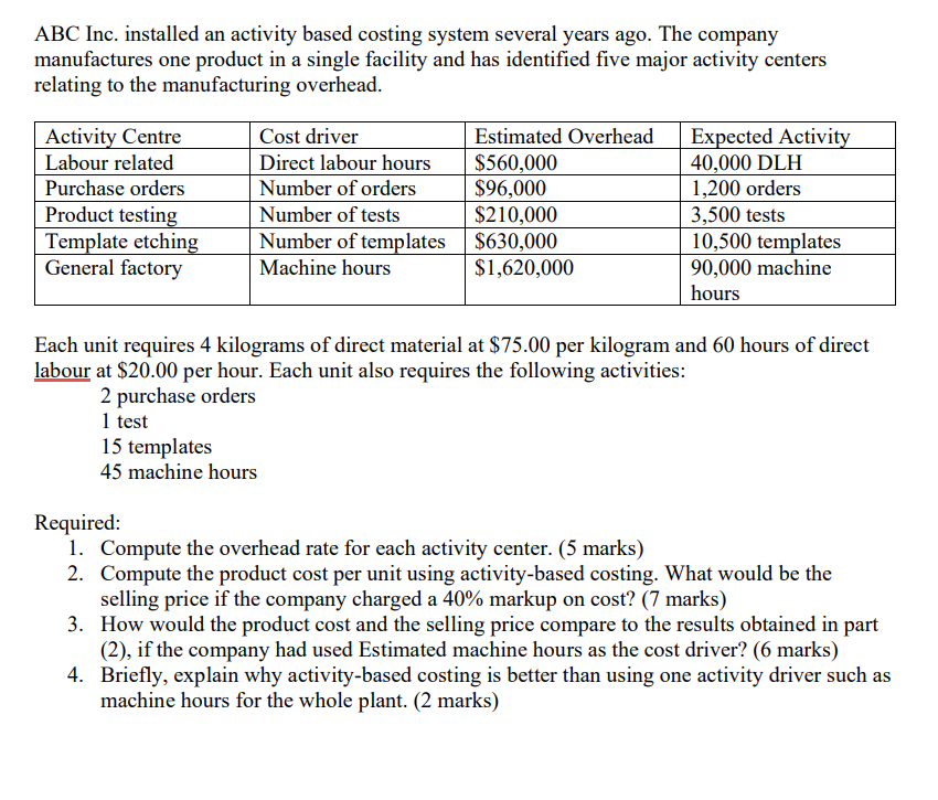  ABC Inc. installed an activity based costing system several years ago.