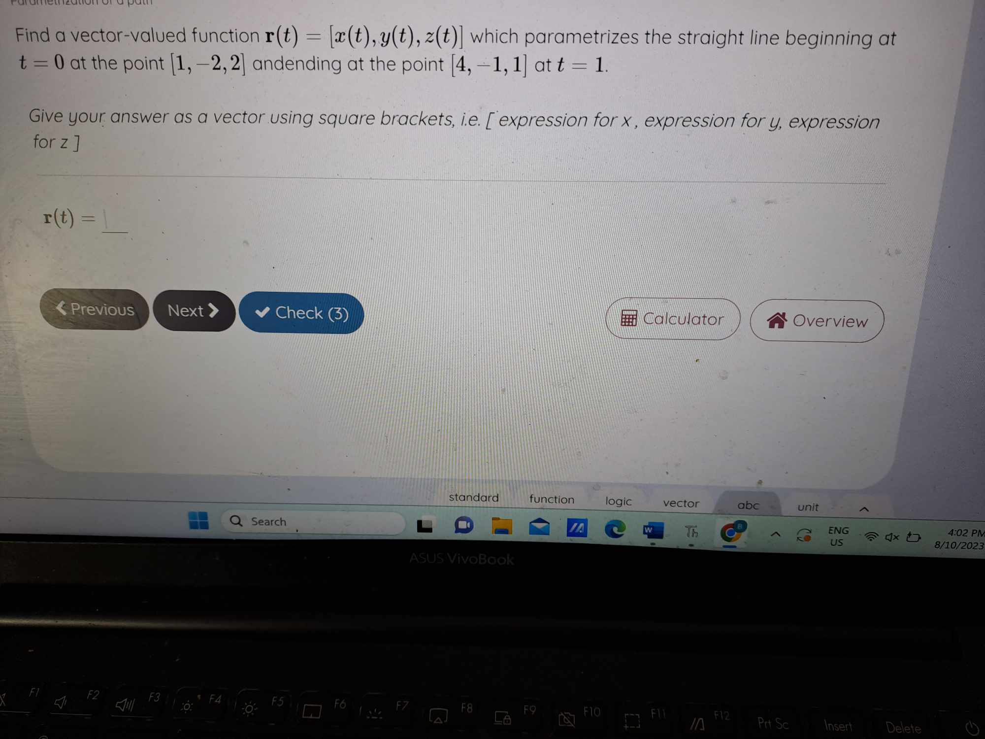  Find a vector-valued function r(t) = [x(t), y(t), z(t)] which parametrizationt
