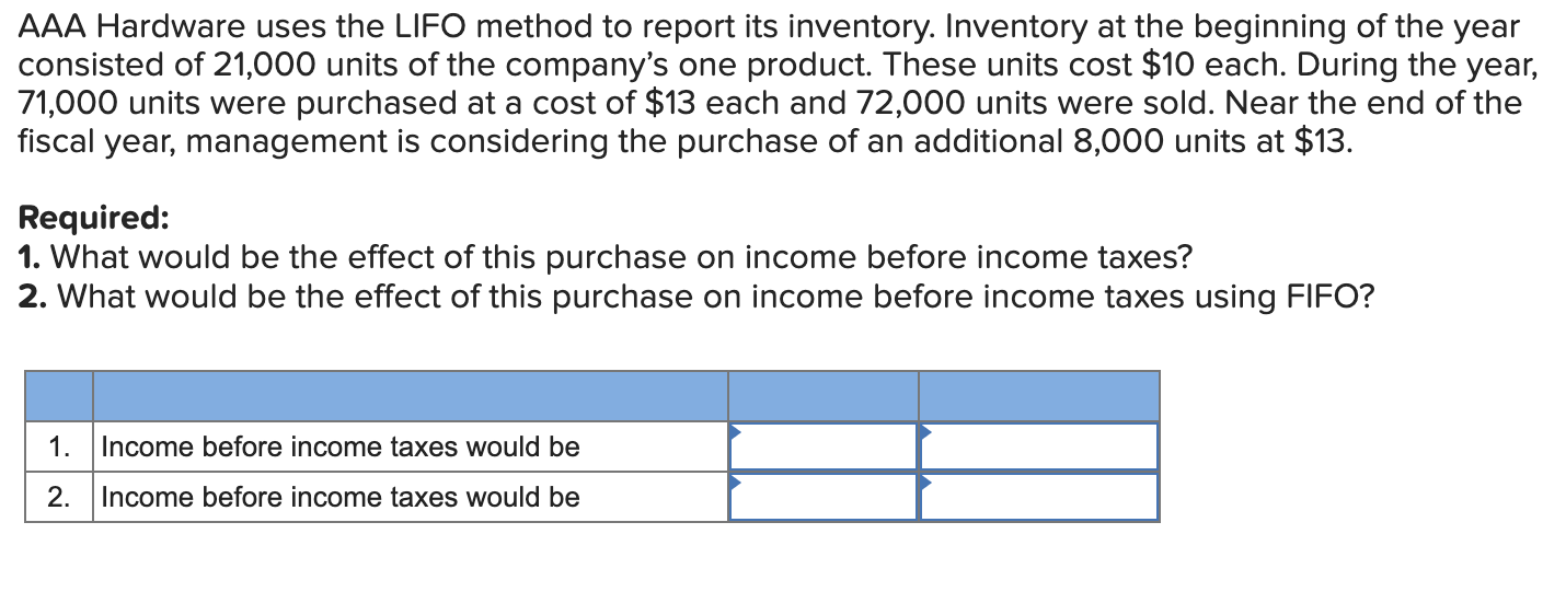 AAA Hardware uses the LIFO method to report its inventory. Inventory