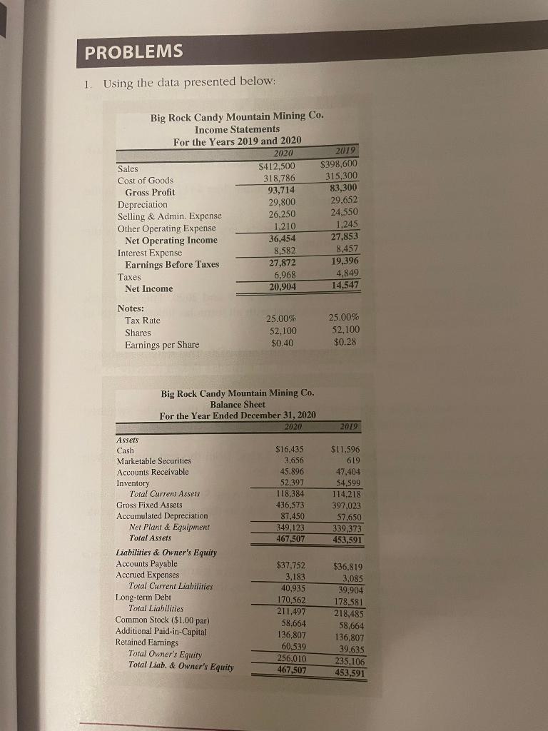 S 1. Using the data presented below: Big Rock Candy Mountain