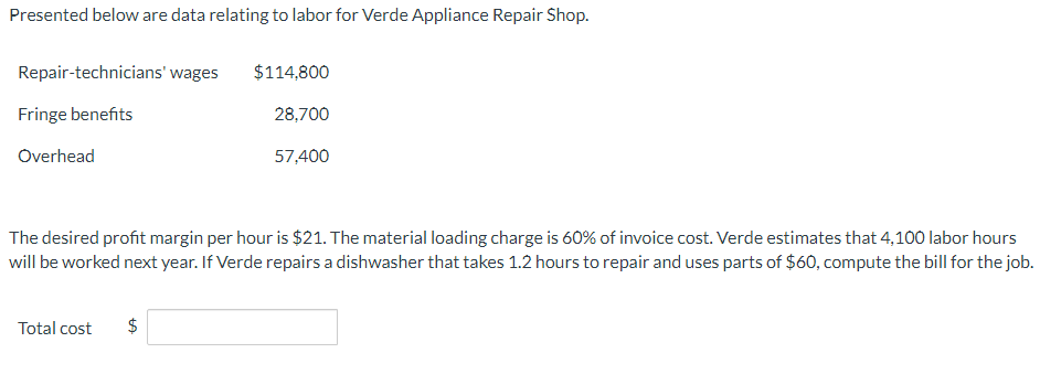  Presented below are data relating to labor for Verde Appliance Repair