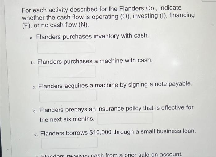  For each activity described for the Flanders Co., indicate whether the