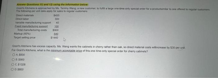 s 11) and 12) using the information below: Grant's Kitchens is