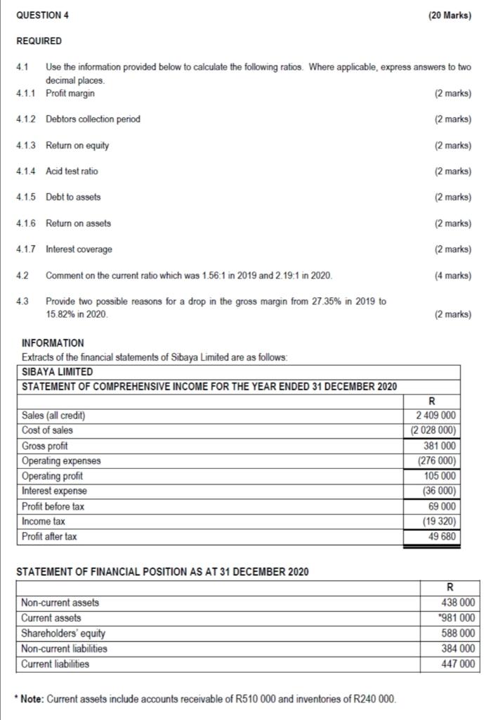  4 REQUIRED 4.1 (20 Marks) Use the information provided below to