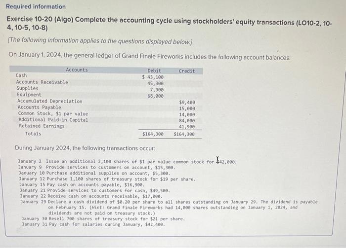 Required information Exercise 10-20 (Algo) Complete the accounting cycle using stockholders'