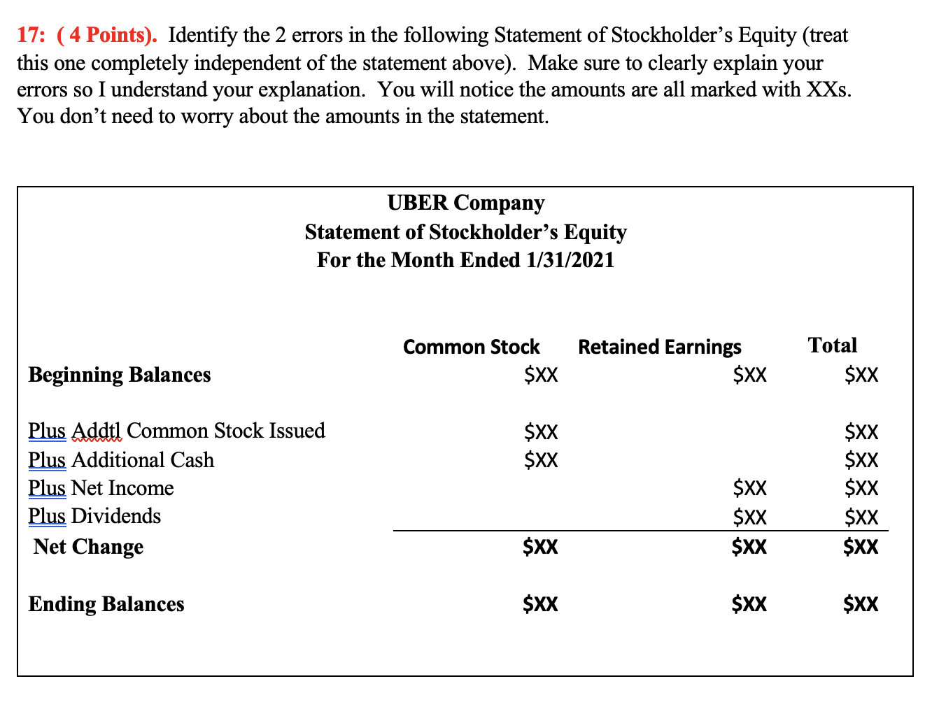  17: (4 Points). Identify the 2 errors in the following Statement