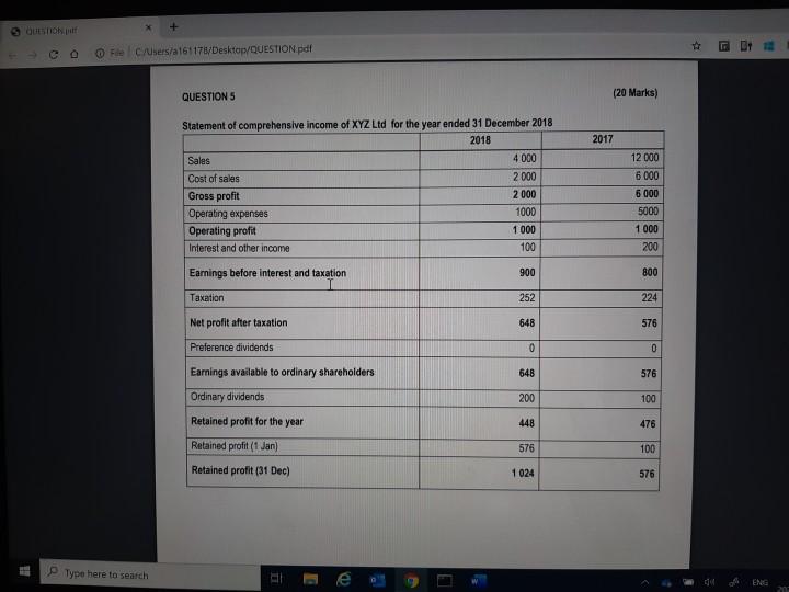 C QUESTION D File C/Users/a161178/Desktop/QUESTION.pdf QUESTION 5 (20 Marks) Statement of