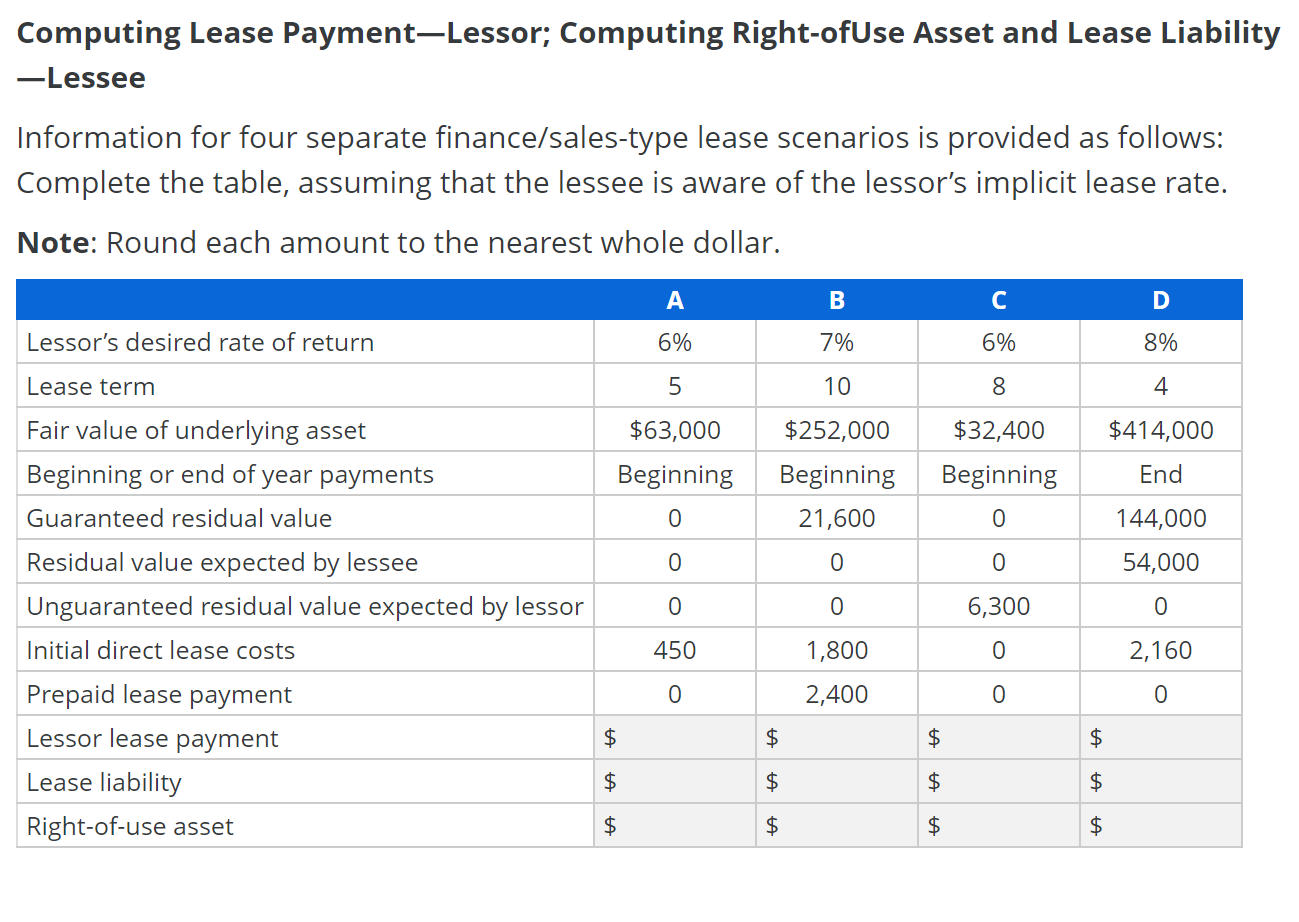 Computing Lease PaymentLessor; Computing Right-of Use Asset and Lease Liability -Lessee