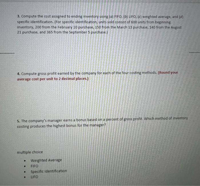  3. Compute the cost assigned to ending inventory using (a) FIFO,