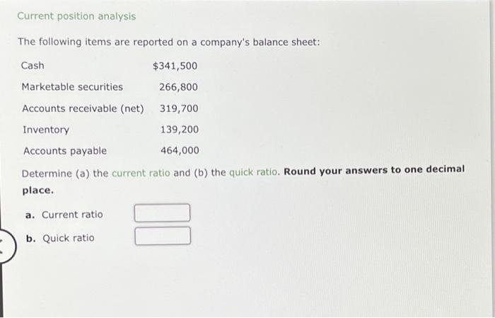 Current position analysis The following items are reported on a company's