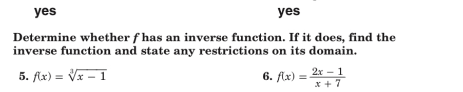 does, find the inverse function and state any restrictions on its domain.
