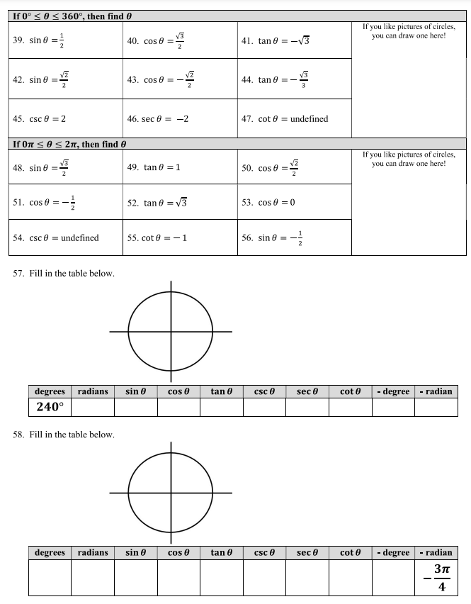 450 = 12. tan 1200 = 13. cos 2250 = 14. sin