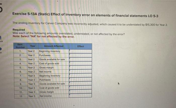  5 wok Exercise 5-13A (Static) Effect of inventory error on elements