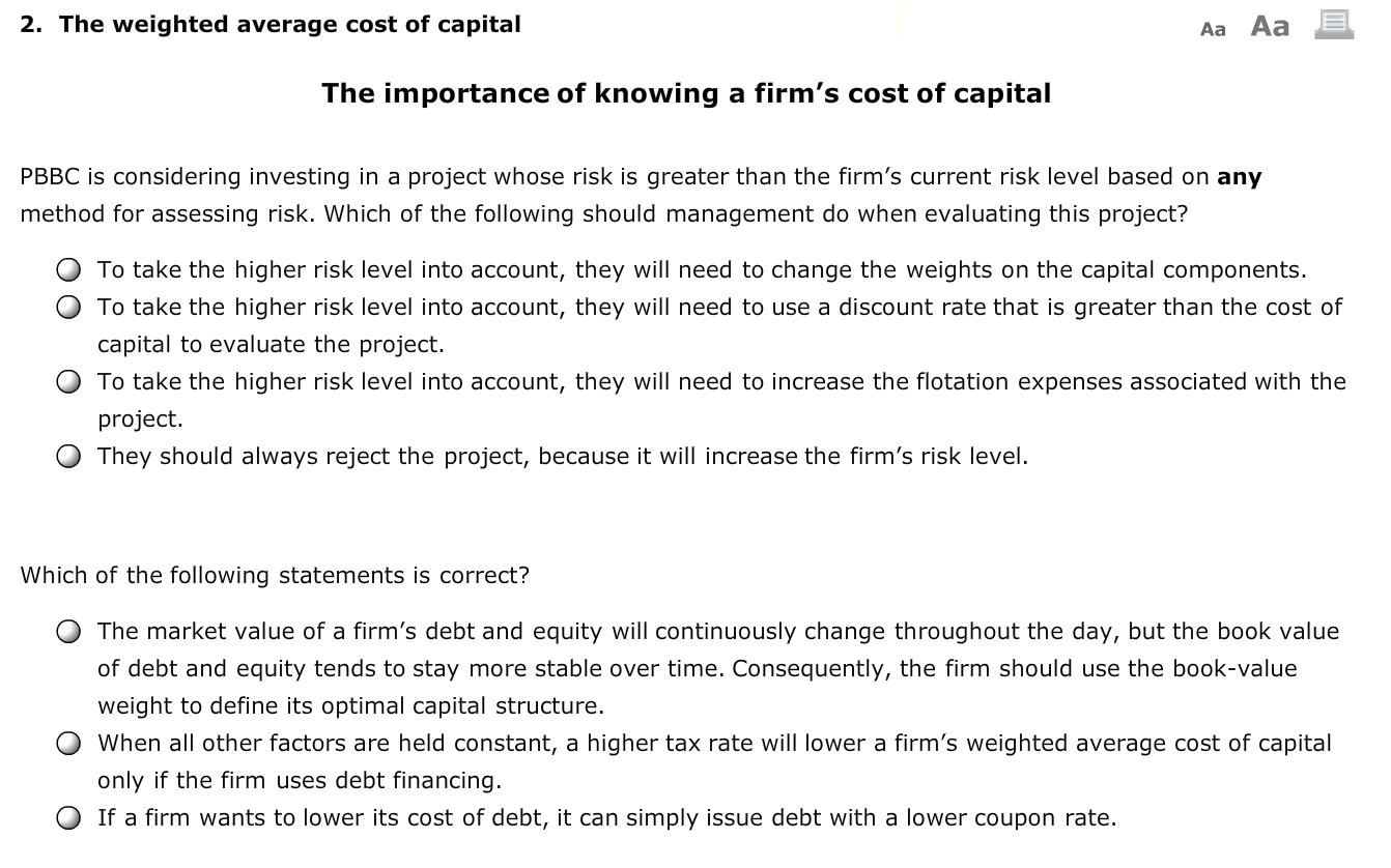 2. The weighted average cost of capital Aa Aa a The importance