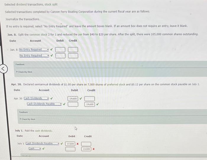 Selected dividend transactions, stock split Selected transactions completed by Canyon Ferry
