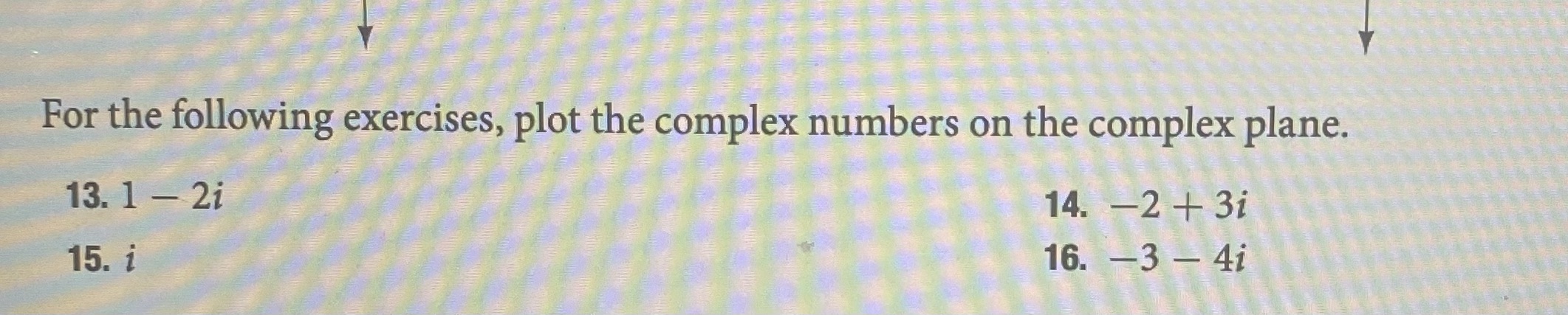  For the following exercises, plot the complex numbers on the complex