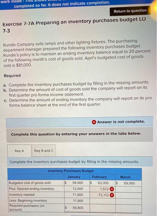 work mode: completed so far. It does not indicate completion. Return