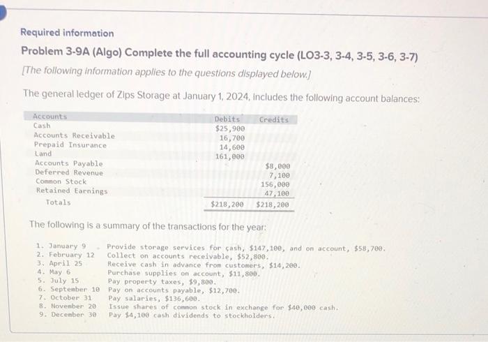  Required information Problem 3-9A (Algo) Complete the full accounting cycle (LO3-3,