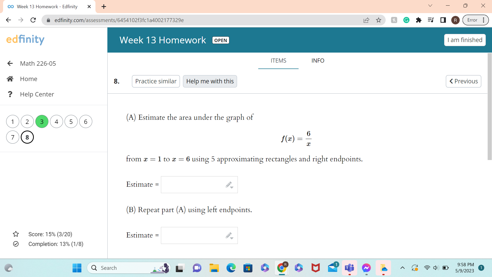 endpoint Riemann sum for y = 4 sin x on [0, 7]