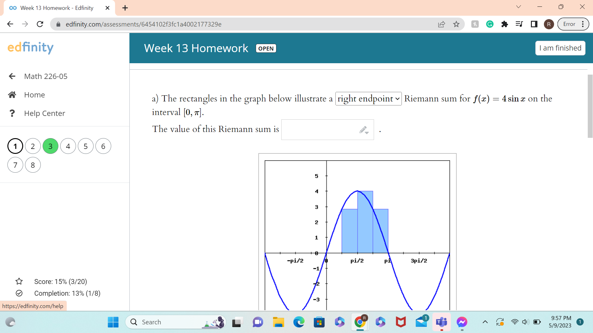 sum for f(x) = 4 sin x on the interval [0, 7].