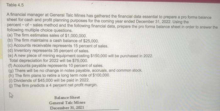  Table 4.5 A financial manager at General Talc Mines has gathered