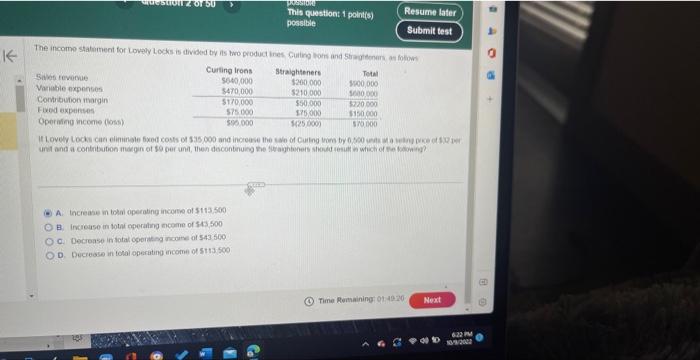  K This question: 1 point(s) possible Resume later Submit test The