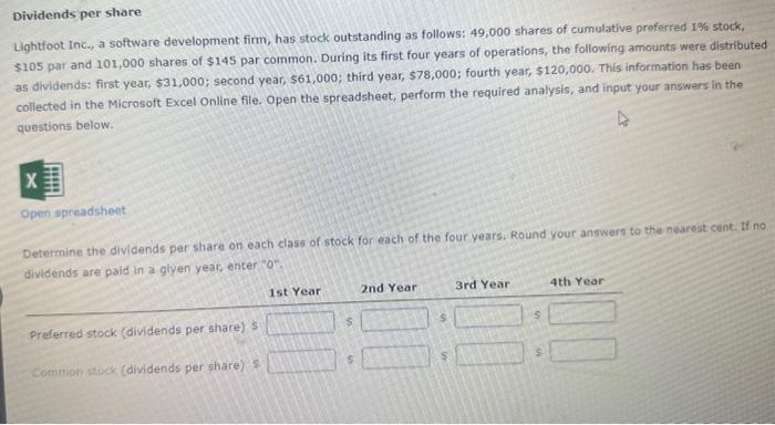  Dividends per share Lightfoot Inc., a software development firm, has stock