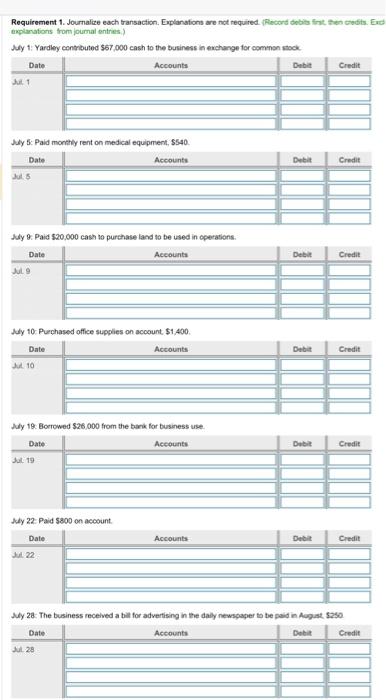 Requirement 1. Journalize each transaction. Explanations are not required. (Record debits
