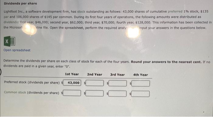  Dividends per share Lightfoot Inc., a software development firm, has stock