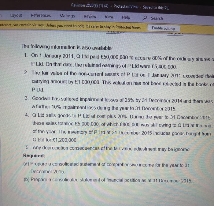 Enable Editing QUESTION 1 The financial statements of Q Ltd and P