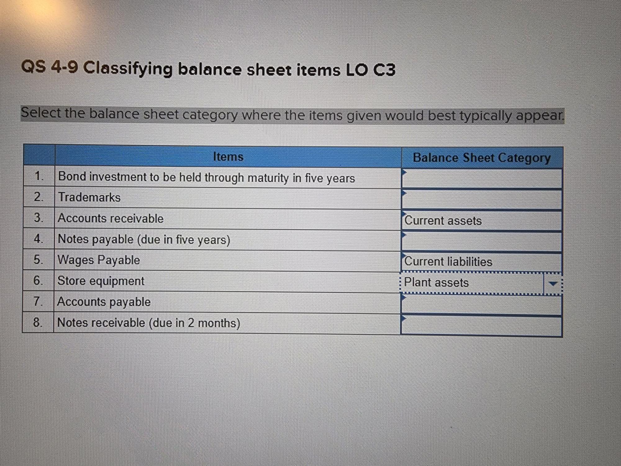  S 4-9 Classifying balance sheet items LO C3 Select the balance