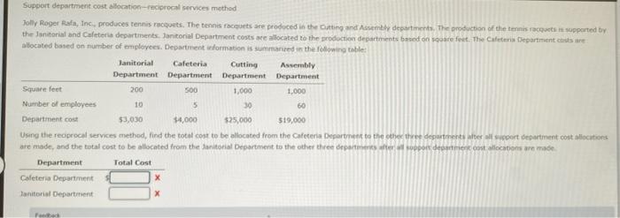 Support department cost allocation-reciprocal services method Jolly Roger Rafa, Inc., produces