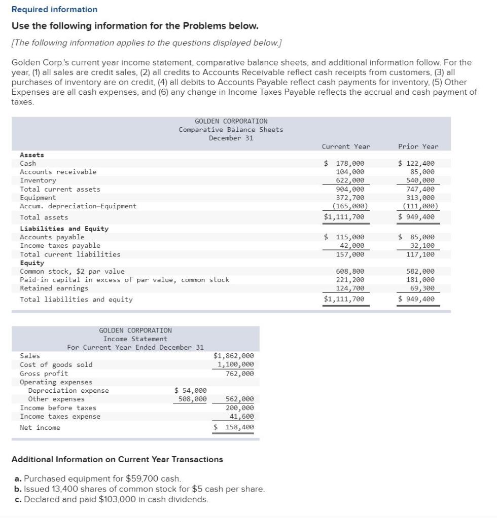  Required information Use the following information for the Problems below. [The