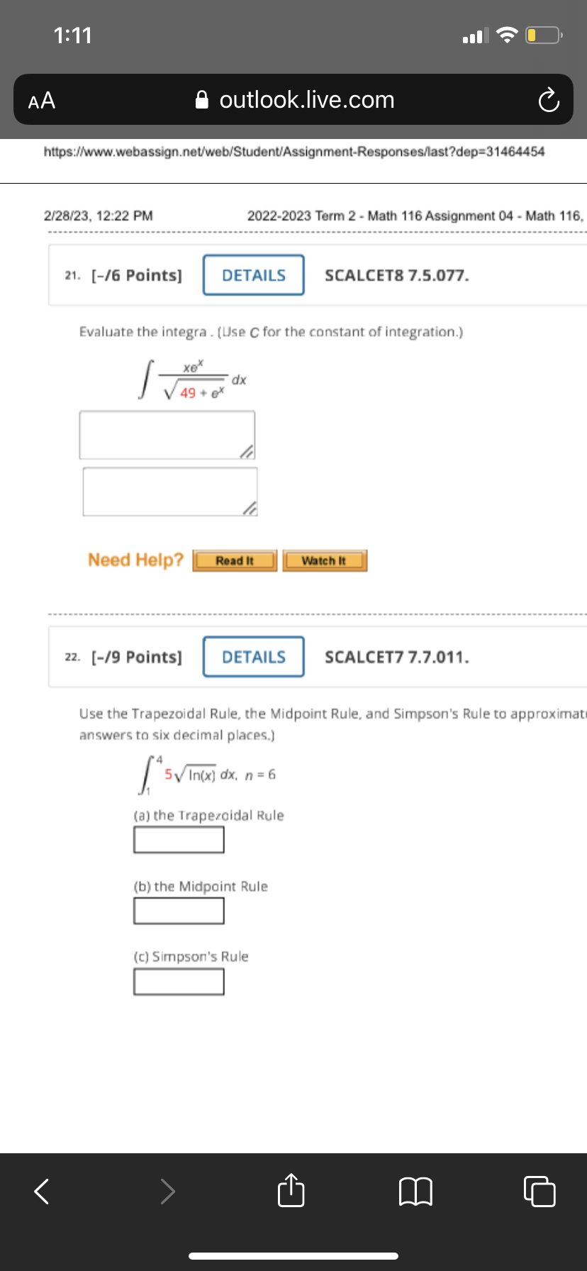 1:11 AA outlook.live.com C https://www.webassign.net/web/Student/Assignment-Responses/last?dep=31464454 2/28/23, 12:22 PM 2022-2023 Term 2