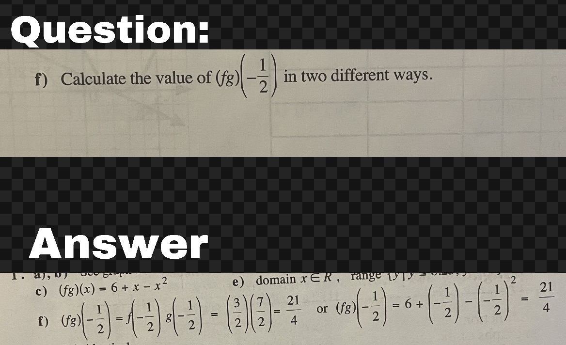 (No need for explanation) Question: f) Calculate the value of (fg)|- in