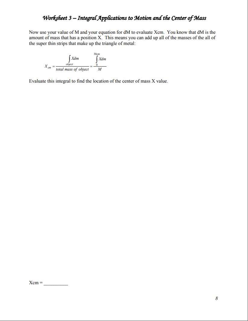 find the location of the center of mass X value. Xcm =
